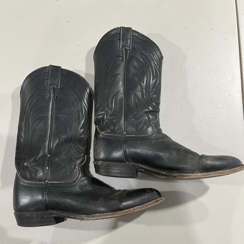 Vintage Justin Black Leather J-Toe Cowboy Boots 9.5 D USA Western 90s Cowhide - Picture 5 of 9
